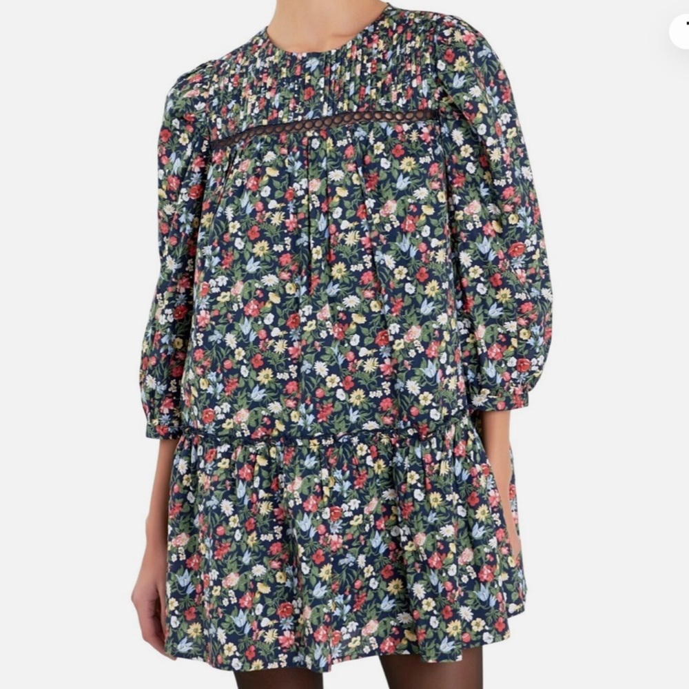 English Factory Floral Print Pintuck Mini Dress cottage pleated 90s